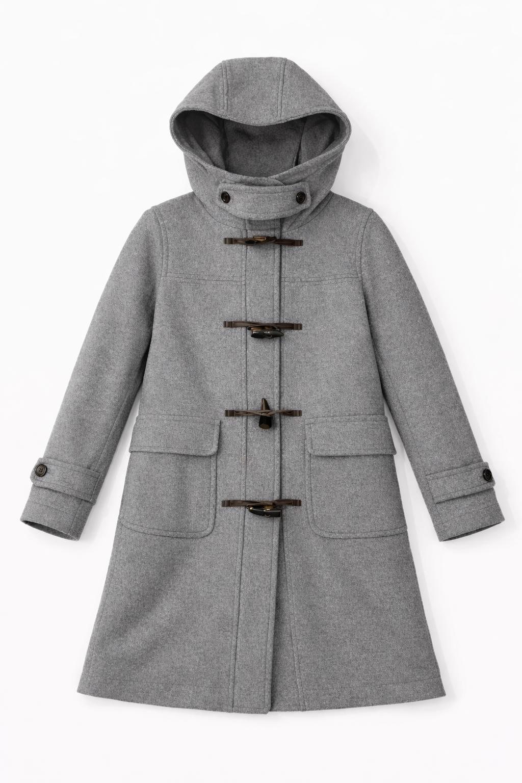 Grey hooded duffel coat with toggles