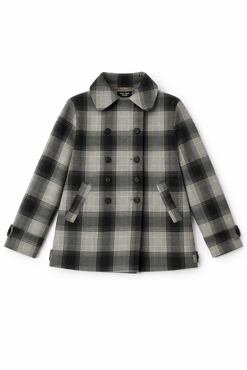 Grey plaid double-breasted peacoat