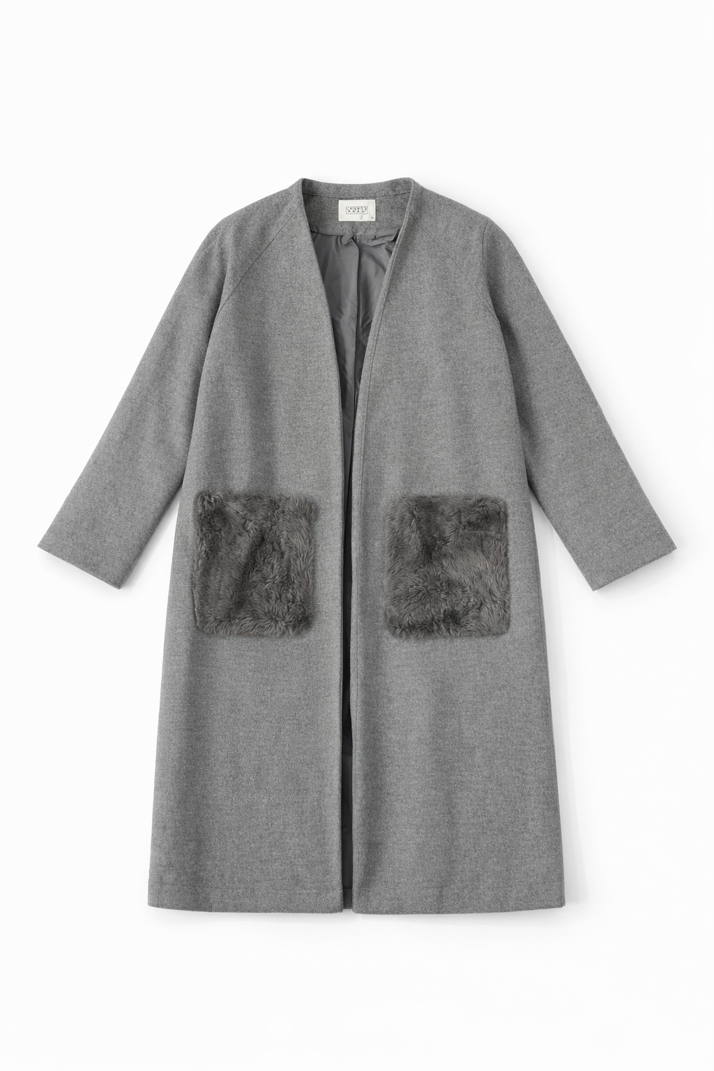 Collarless long coat with textured pockets