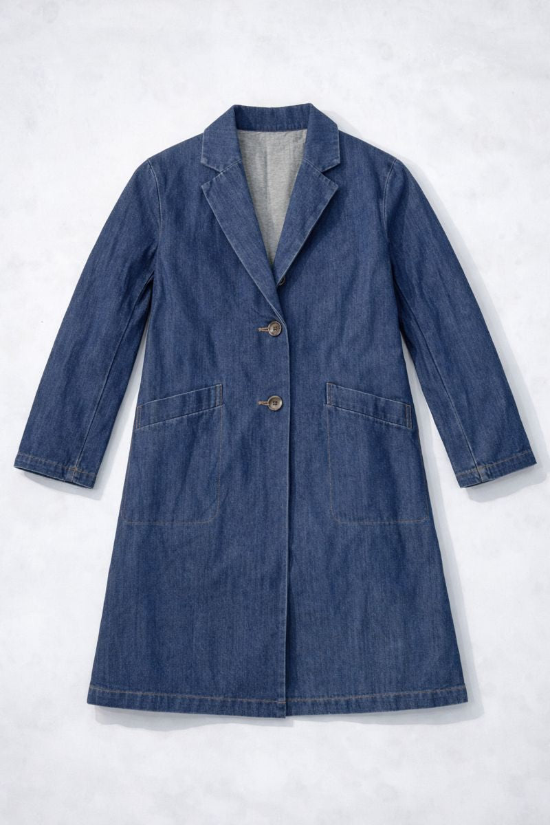 Mid-length mac-style coat with straight silhouette and patch pockets