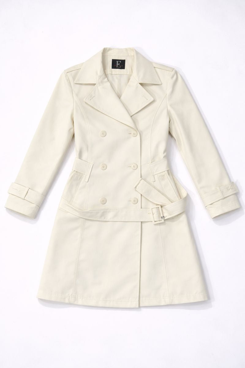 Textured double-breasted trench coat with belt and notched lapels