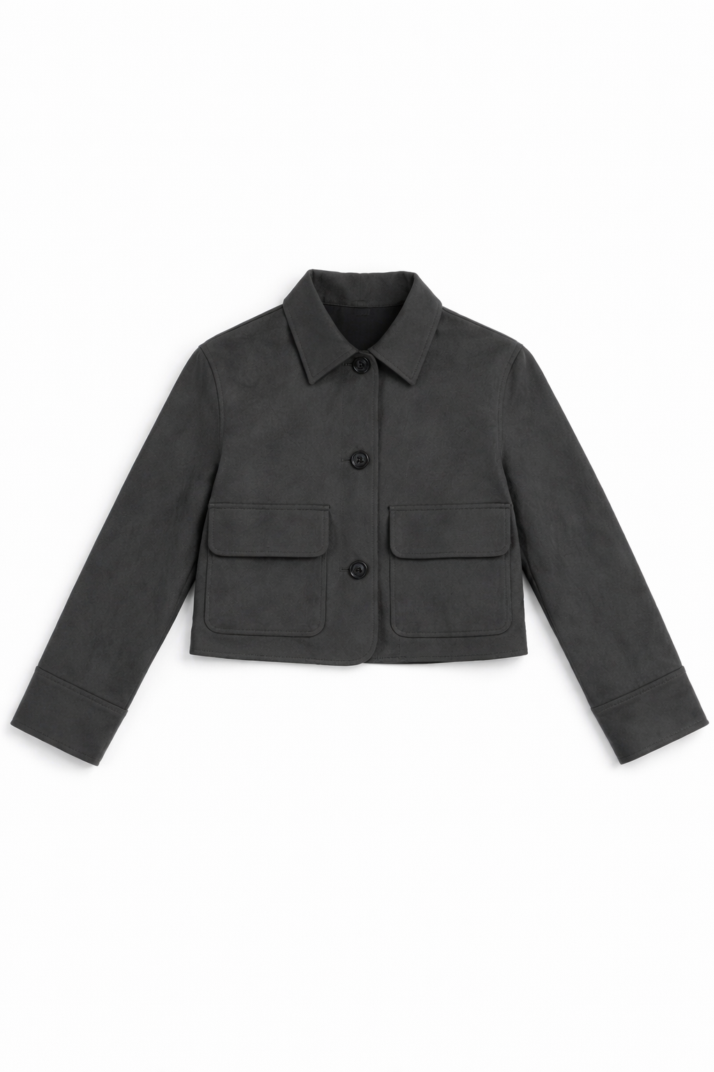 Suede style short jacket with collared neckline and button front