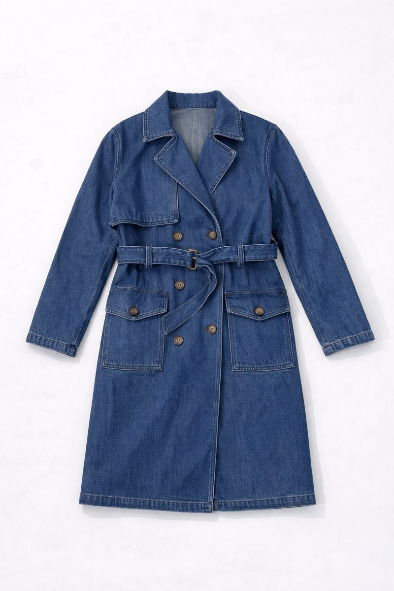 Double-breasted denim trench coat with belt and classic lapels