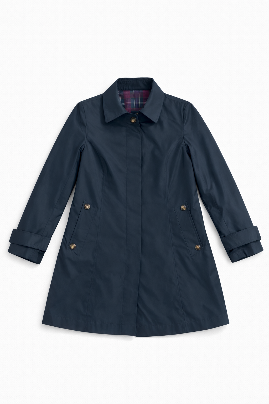 Burberry navy coat with gold buttons and structured tailored silhouette