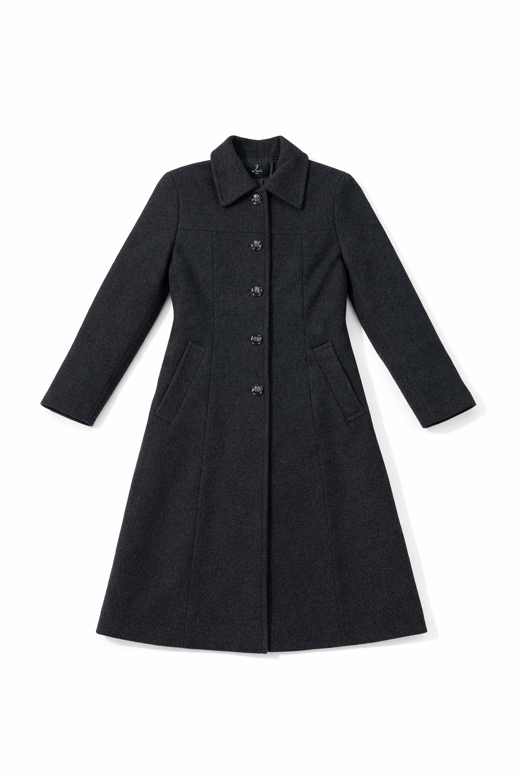 Long single breasted tailored coat with structured feminine silhouette