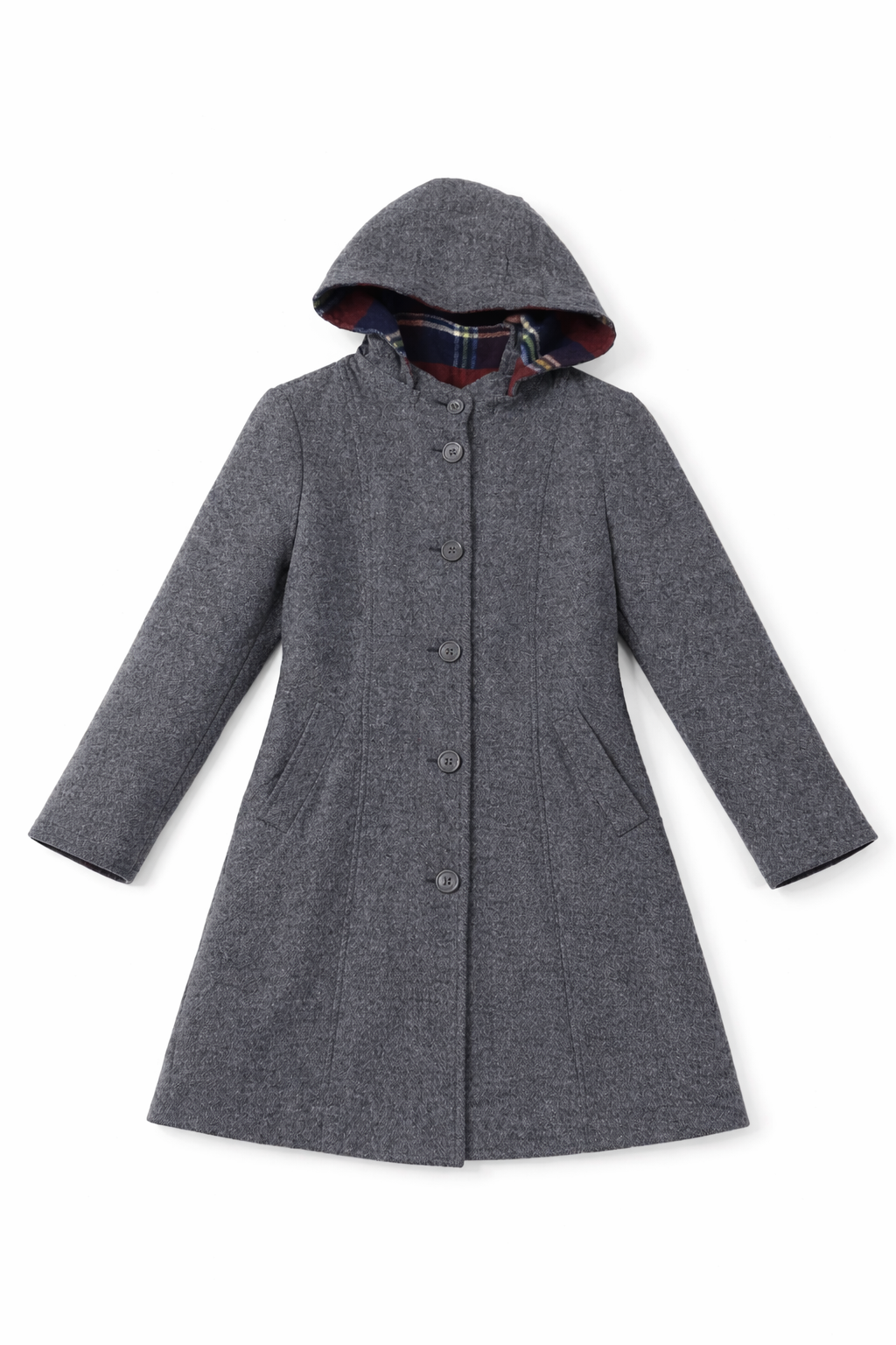 Grey hooded wool blend coat with soft textured finish