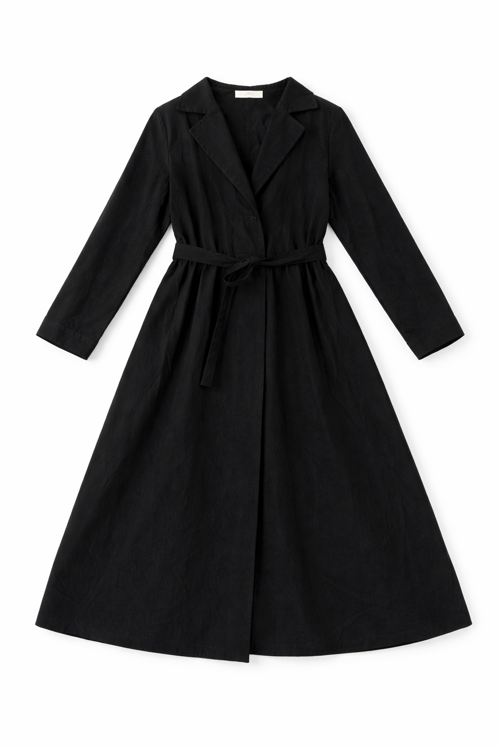 Black belted trench coat with structured tailored silhouette