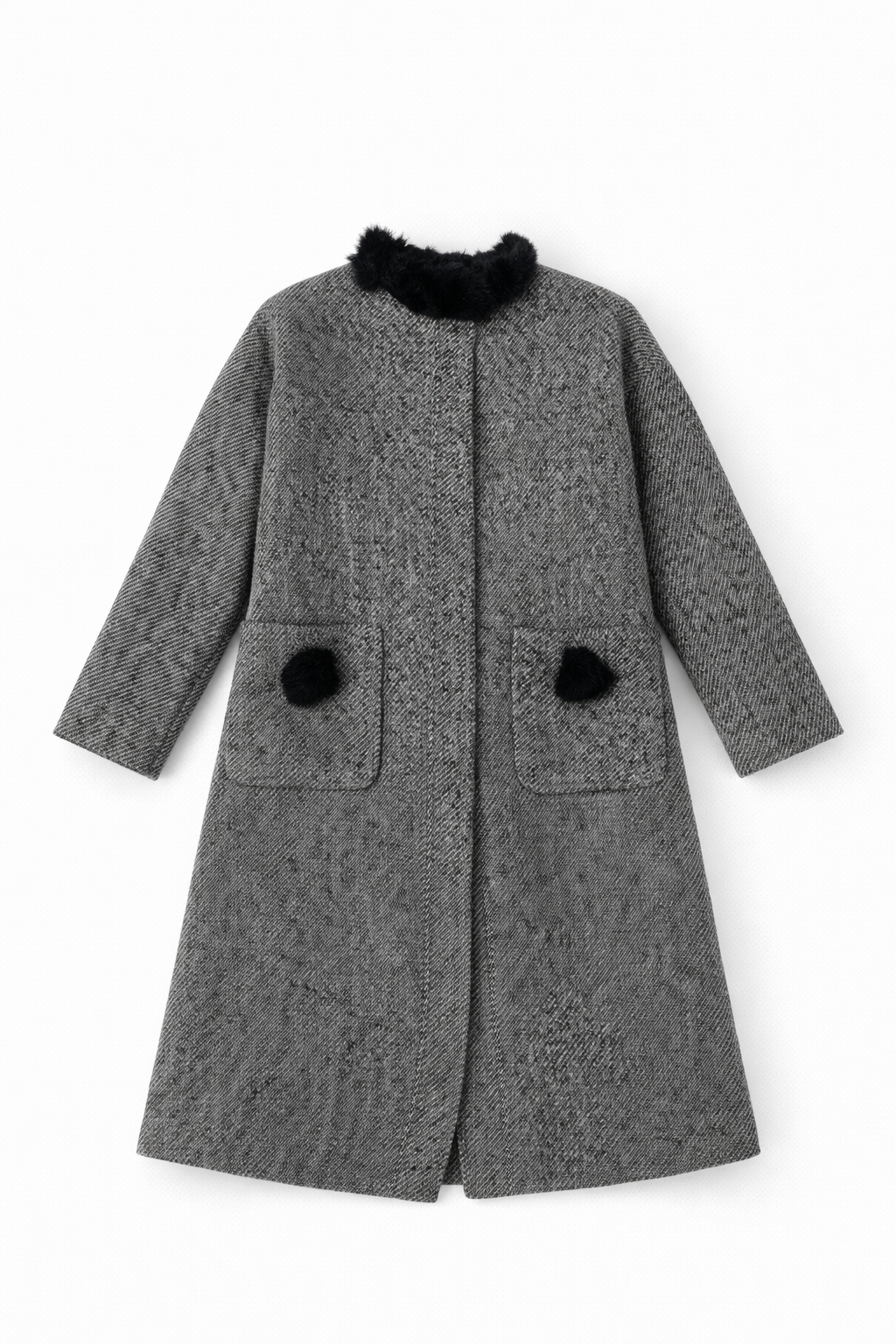 Black faux fur hooded long coat with plush textured finish