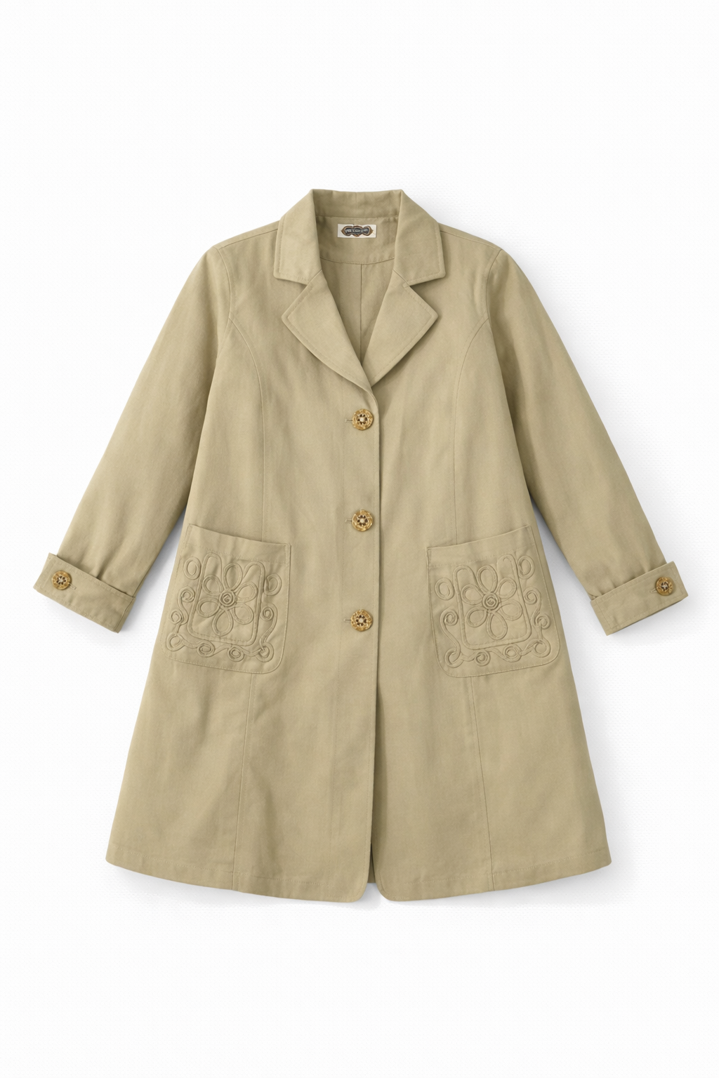 Dark longline trench coat with belted waist and structured design
