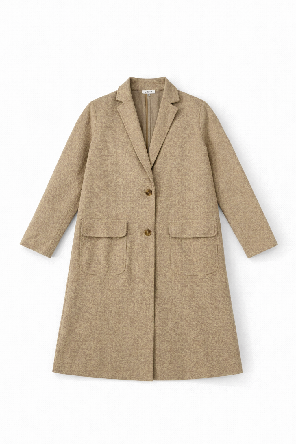 Beige oversized wool blend coat with double breasted front and peak lapels