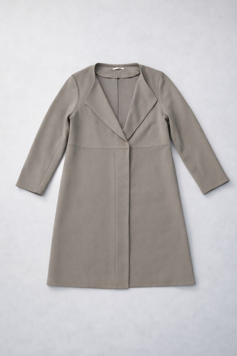 Preloved open-front coat with draped lapel and three-quarter sleeves