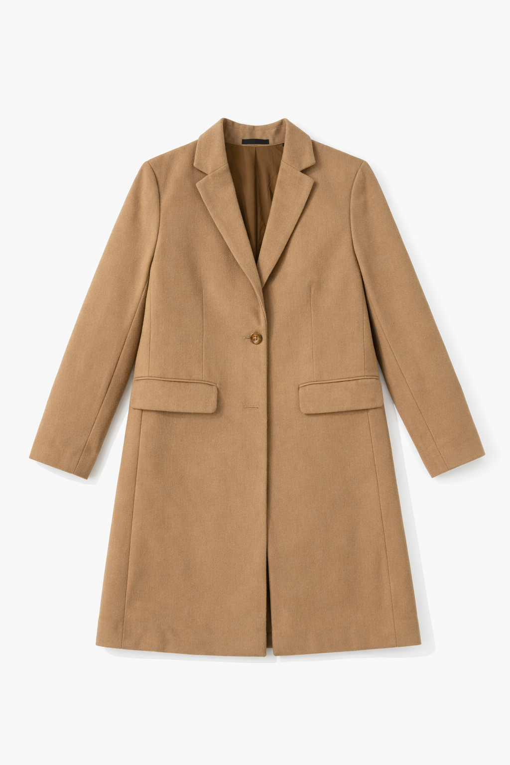 Soft beige cocoon coat with relaxed curved silhouette