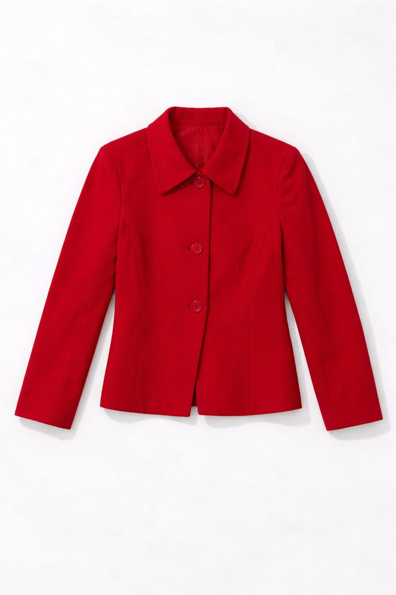 Structured red jacket with collared neckline and button-front closure