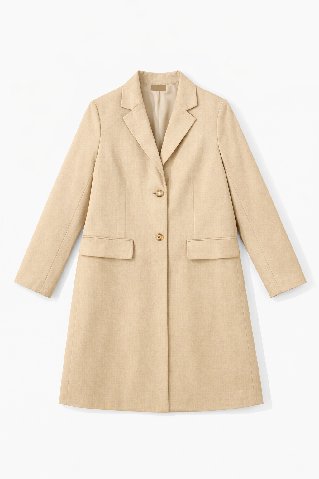 Classic camel overcoat with notched lapel and longline silhouette