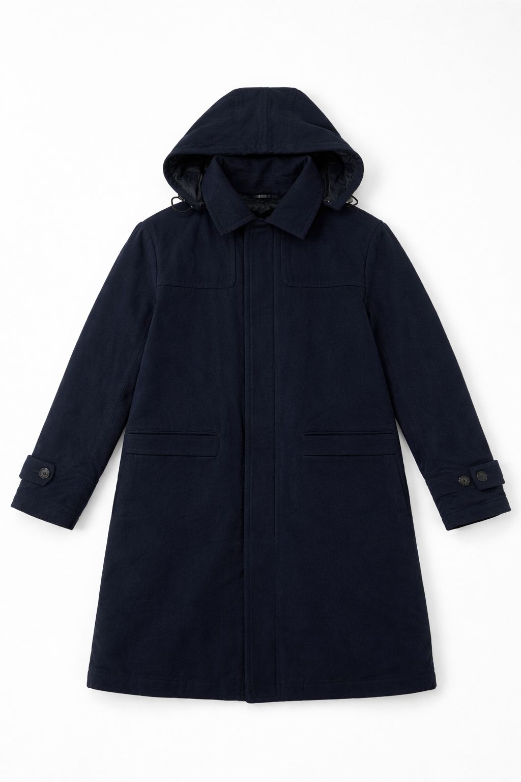 Charcoal structured overcoat with streamlined tailored silhouette