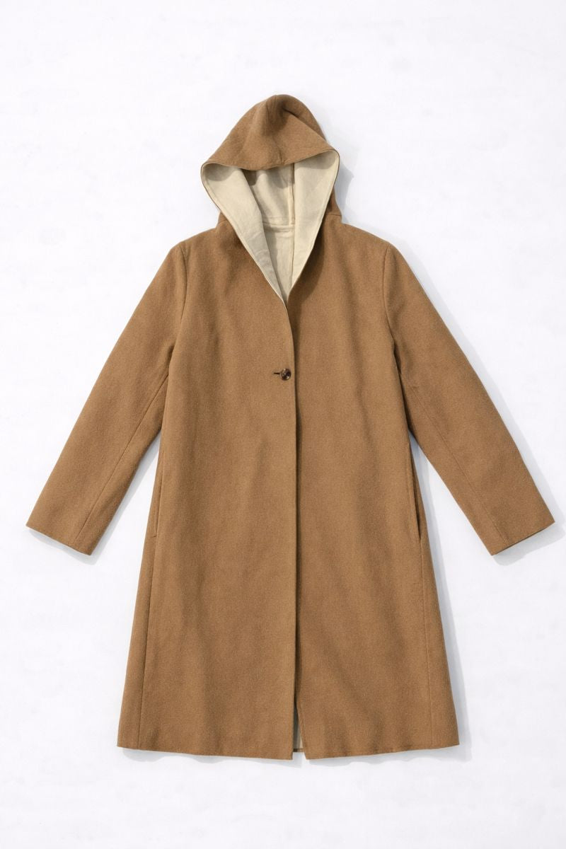 Double-face hooded wool-blend coat with button-front closure