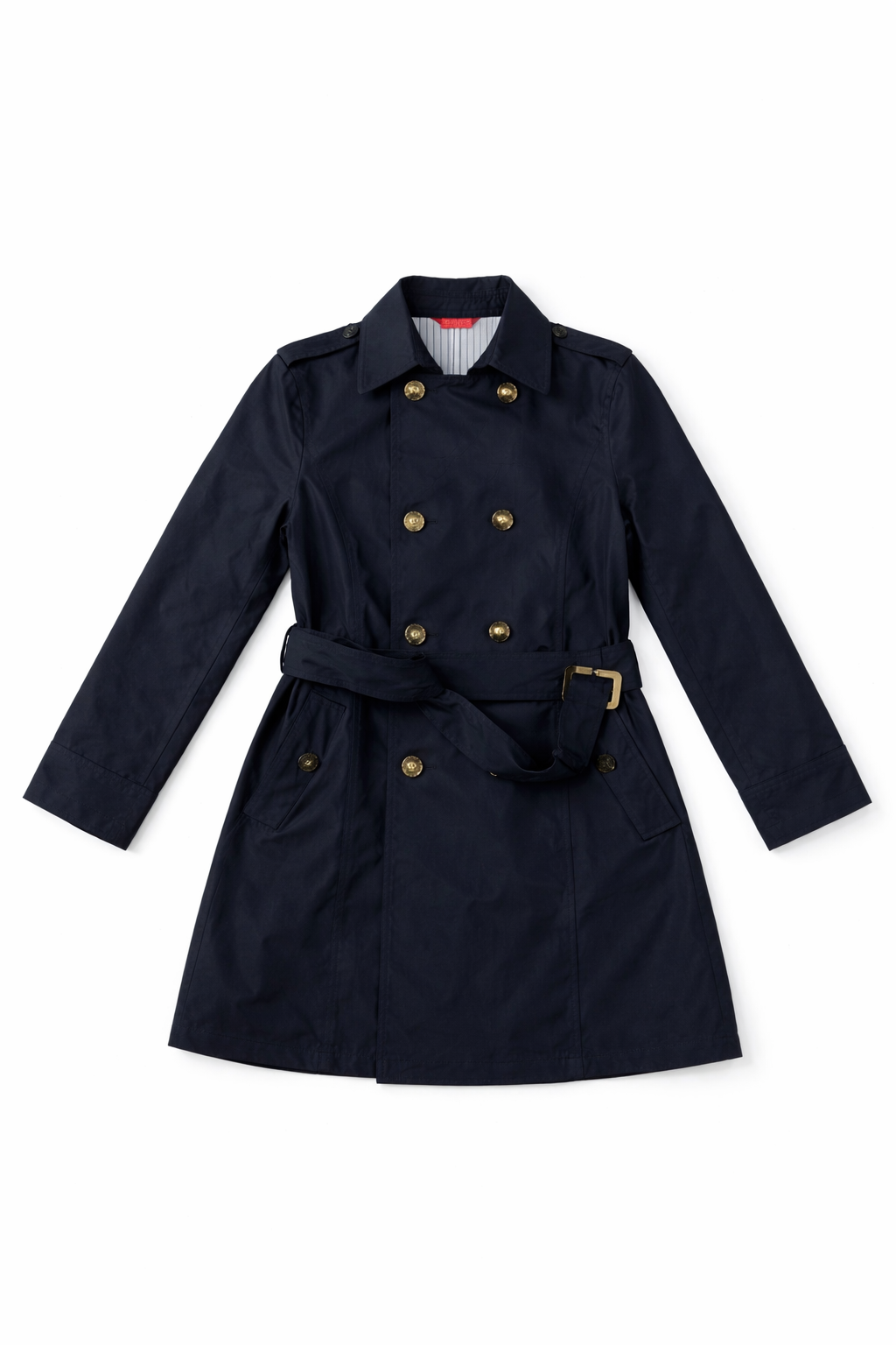 Cream long coat with clean lapels and structured silhouette