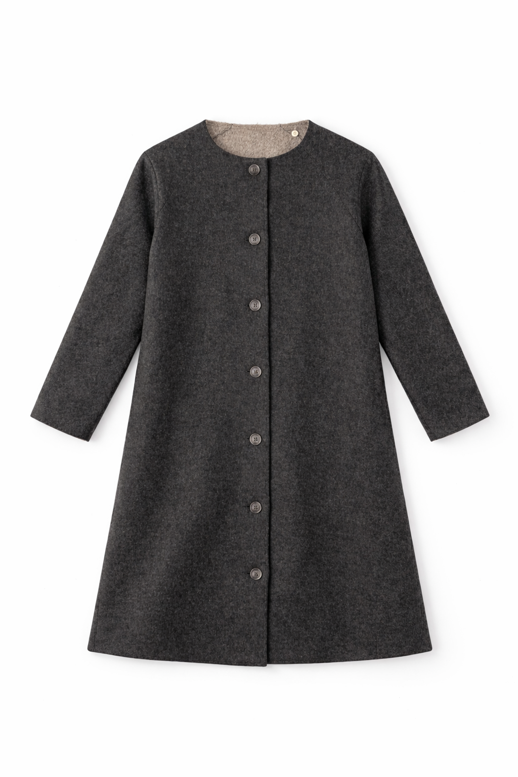 Camel longline wool coat with notched lapel and structured fit