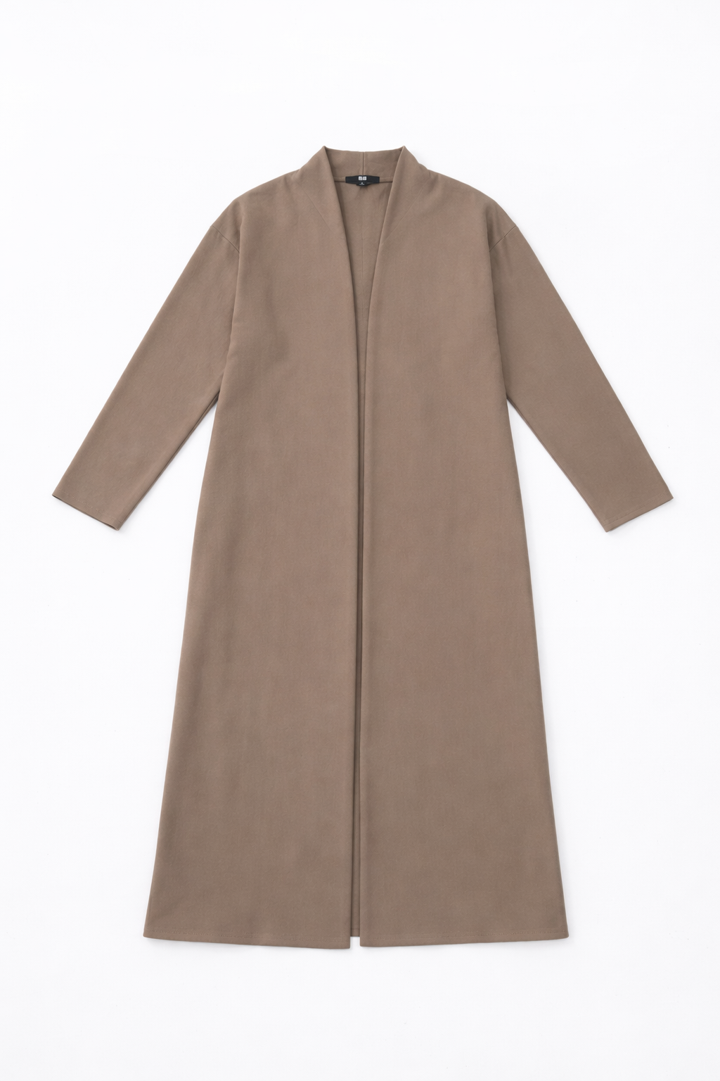 Beige wrap coat with self tie belt and structured drape