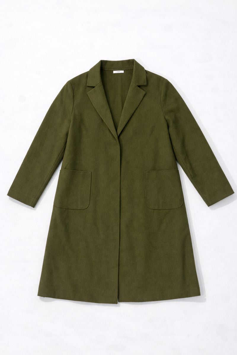 Light green open-front cocoon coat with patch pockets