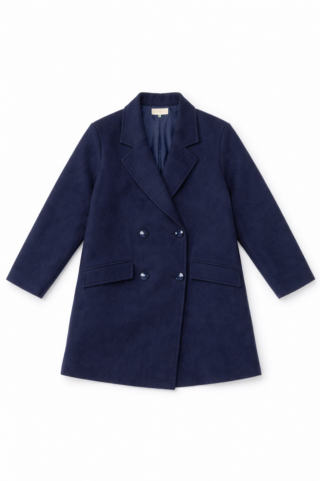 Long navy belted coat with structured tailored silhouette