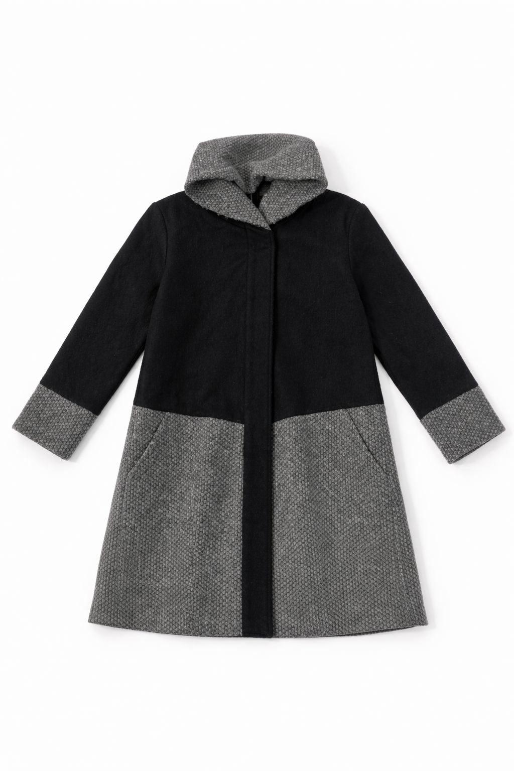 Charcoal long coat with clean lapels and structured silhouette