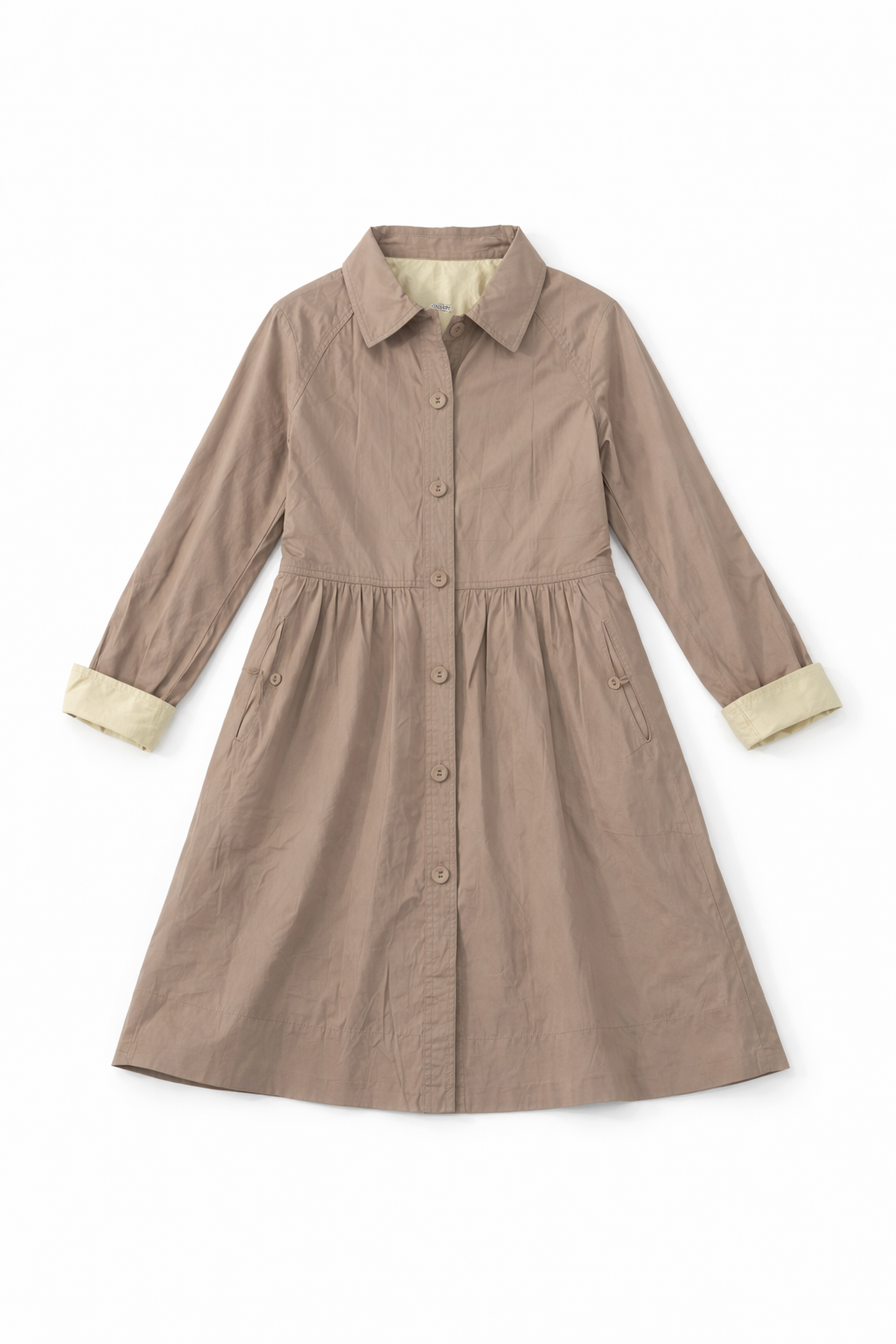 Beige textured wool coat with tailored structured silhouette