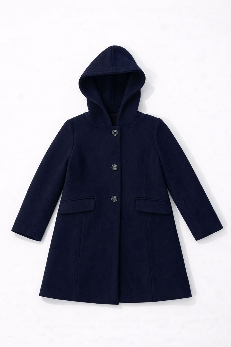 Blue hooded mid-length coat with button-front closure and patch pockets
