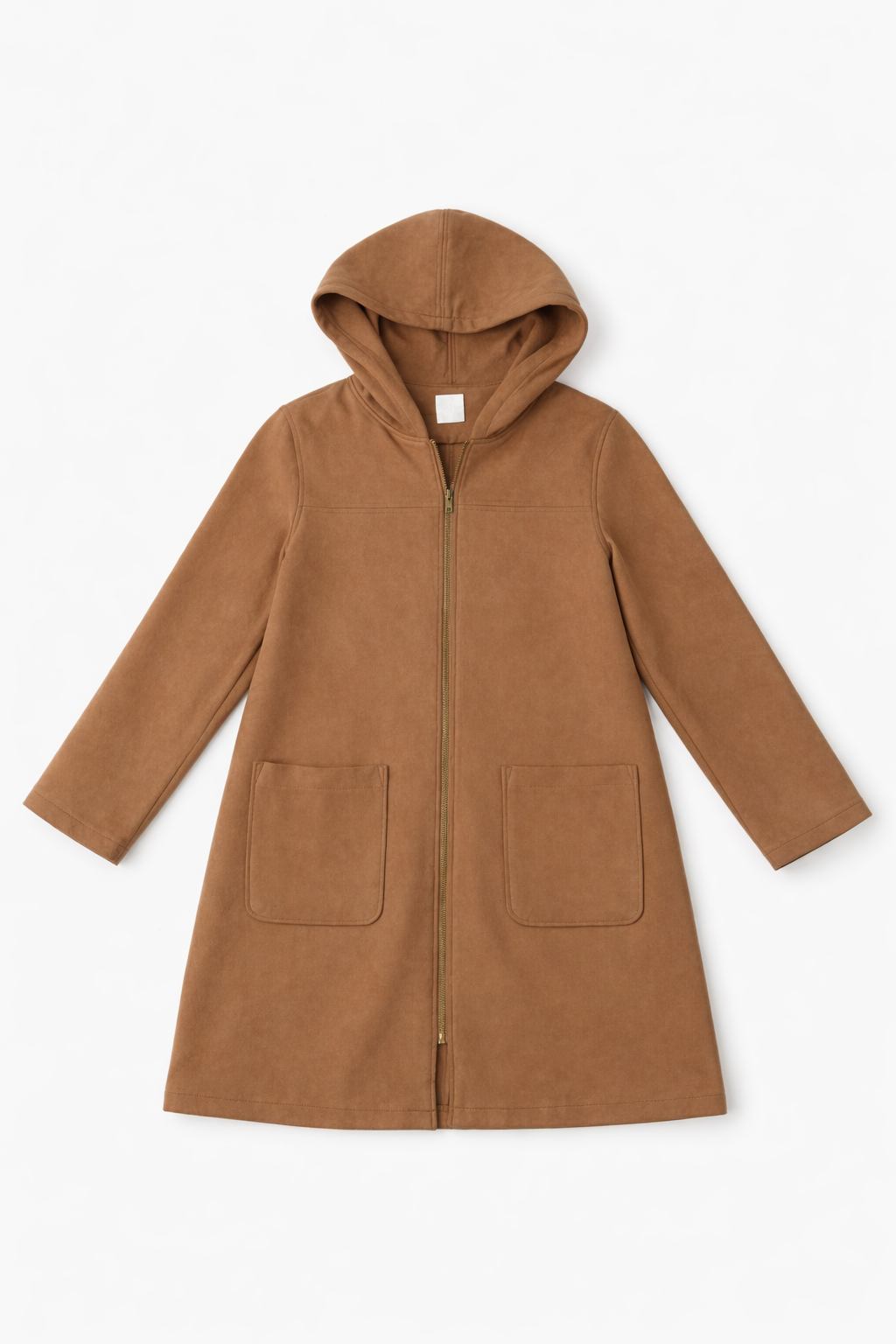 Camel long coat with clean tailored structured silhouette