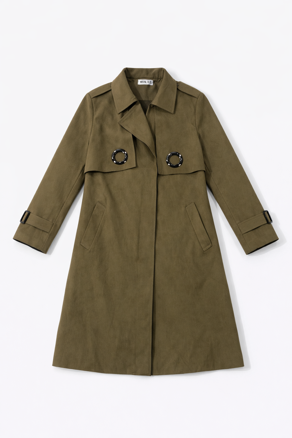 Beige long coat with textured finish and structured silhouette