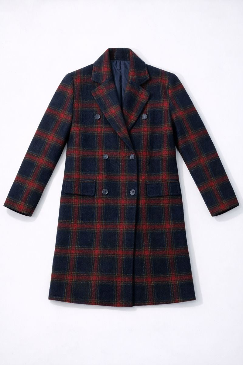 Double-breasted plaid mid-length coat with lapel collar and flap pockets