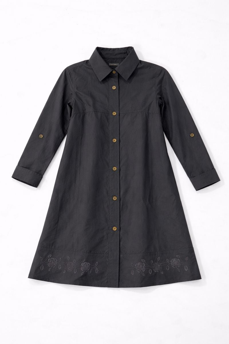 Grey shirt dress with embroidered hem and button-front design