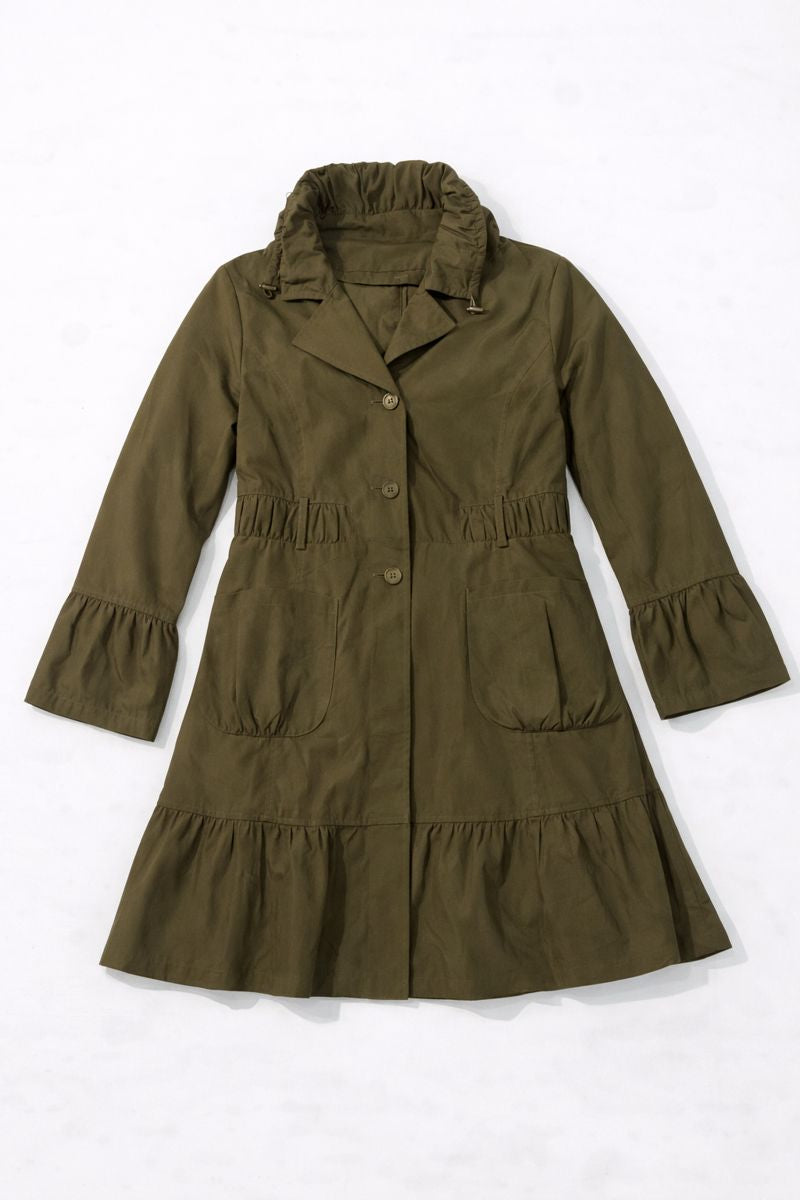 Preloved coat with tiered ruffle hem, ruffled cuffs, and patch pockets
