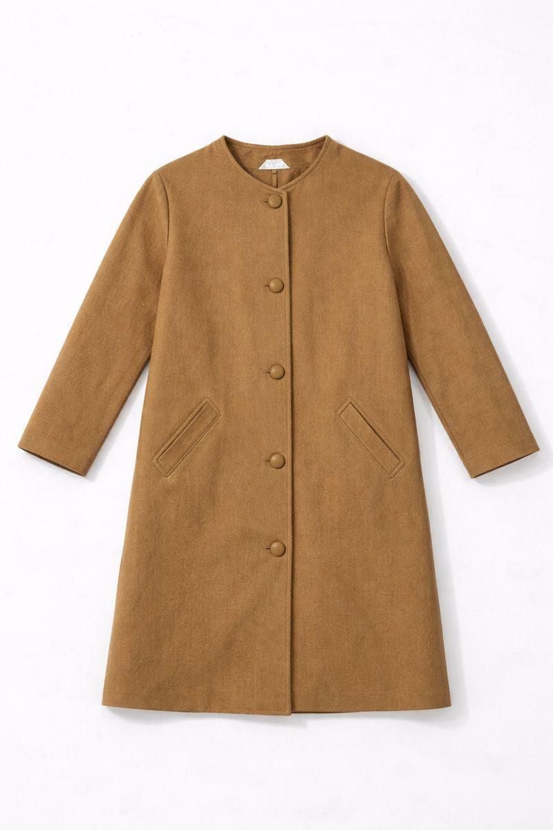 Preloved long single-breasted coat with collarless neckline and hip pockets