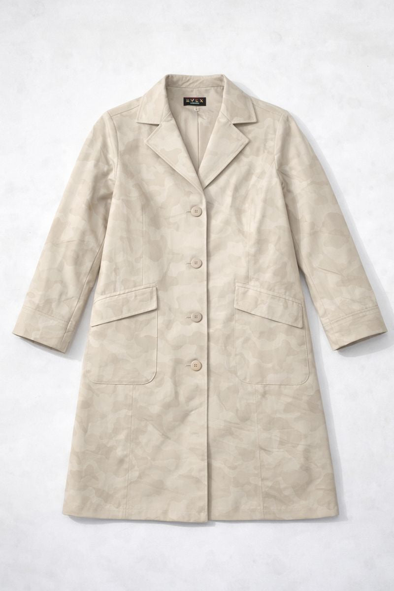 Light beige single-breasted coat with patch pockets and three-button front closure