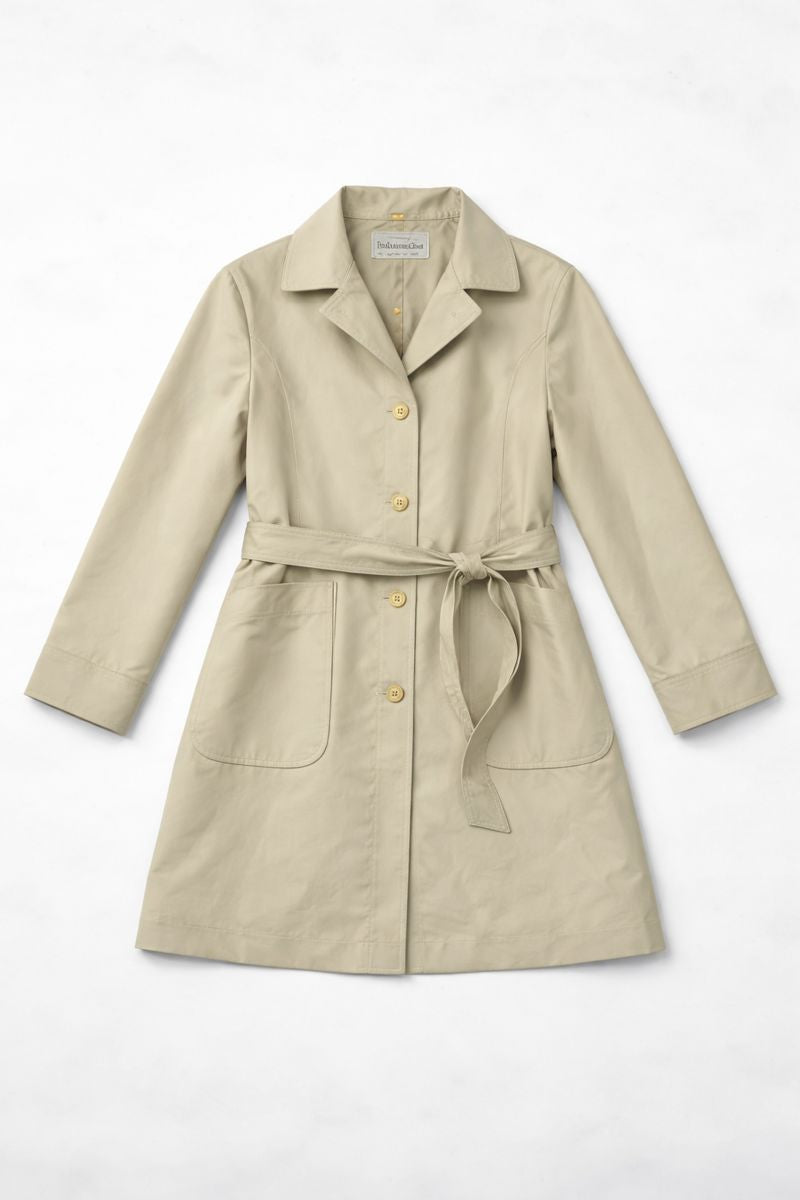 Preloved light beige short trench coat with waist belt, front button closure, and patch pockets