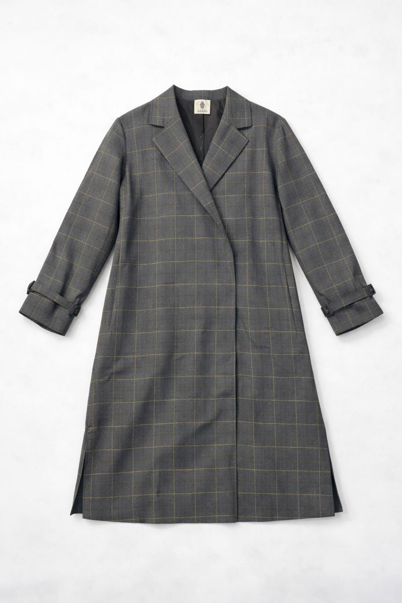 Preloved grey check single-breasted longline coat with notched lapels and front pockets