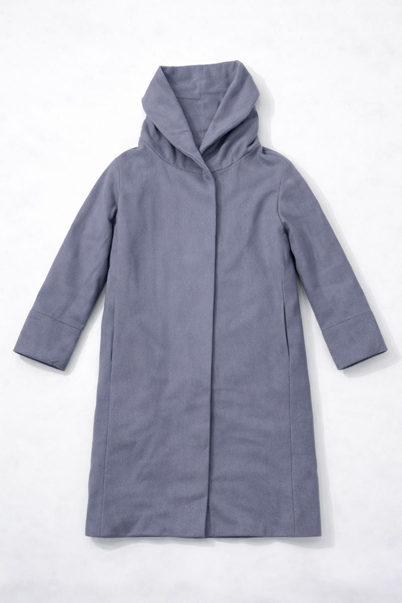 Preloved light purple knee-length coat with hood, long sleeves, and front pockets