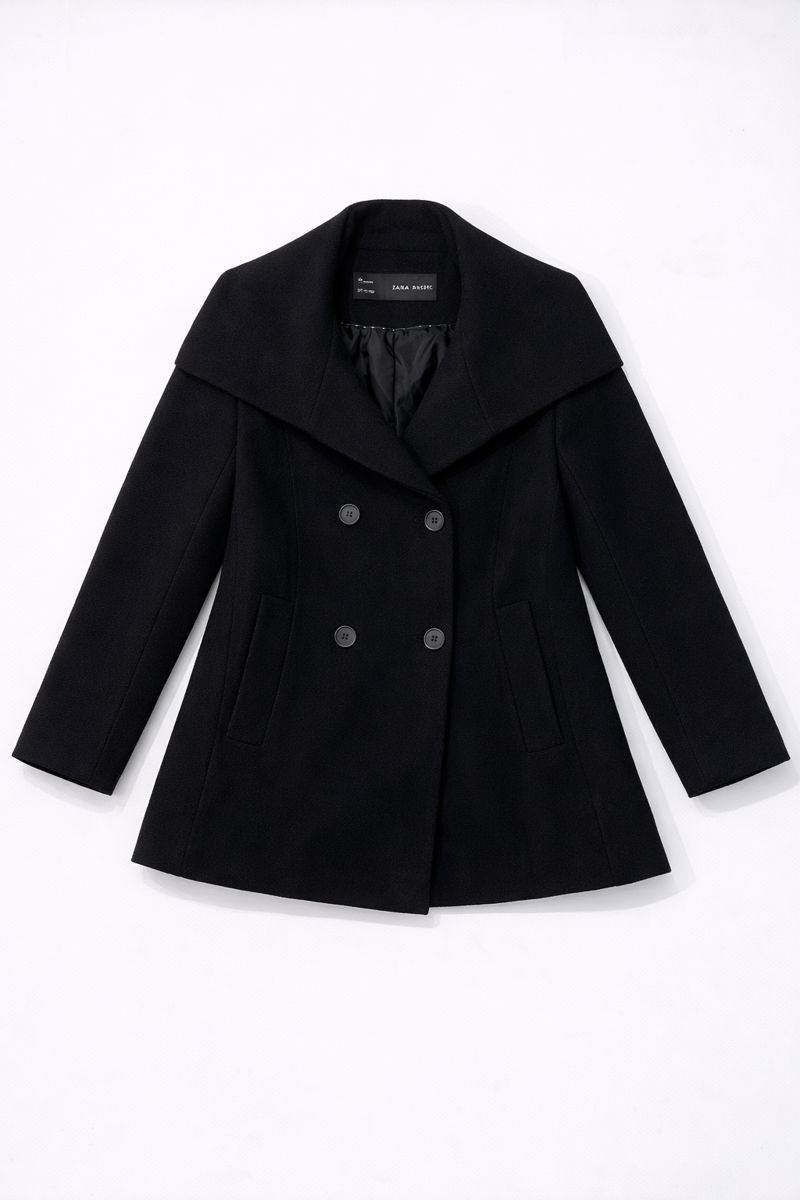 Double-breasted military-style peacoat with structured lapels