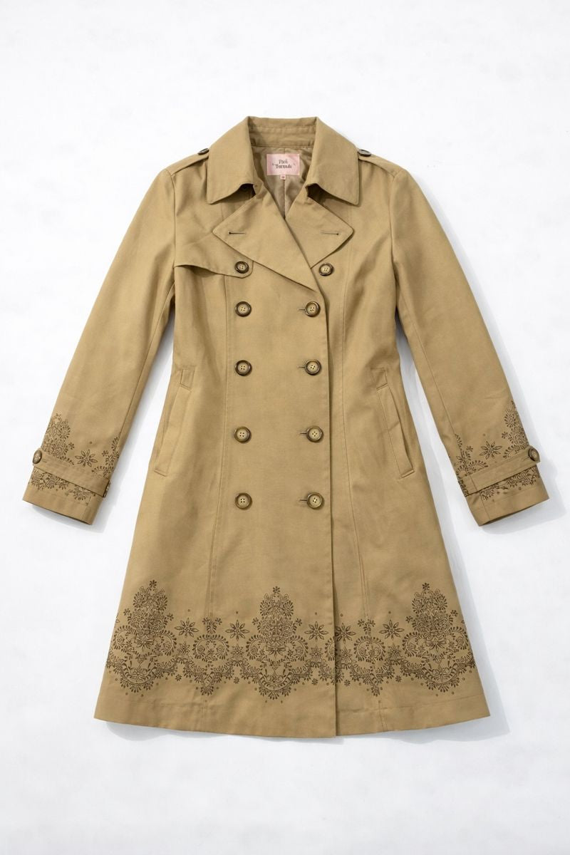 Preloved cream metallic double-breasted coat with floral embellishments on hem and cuffs