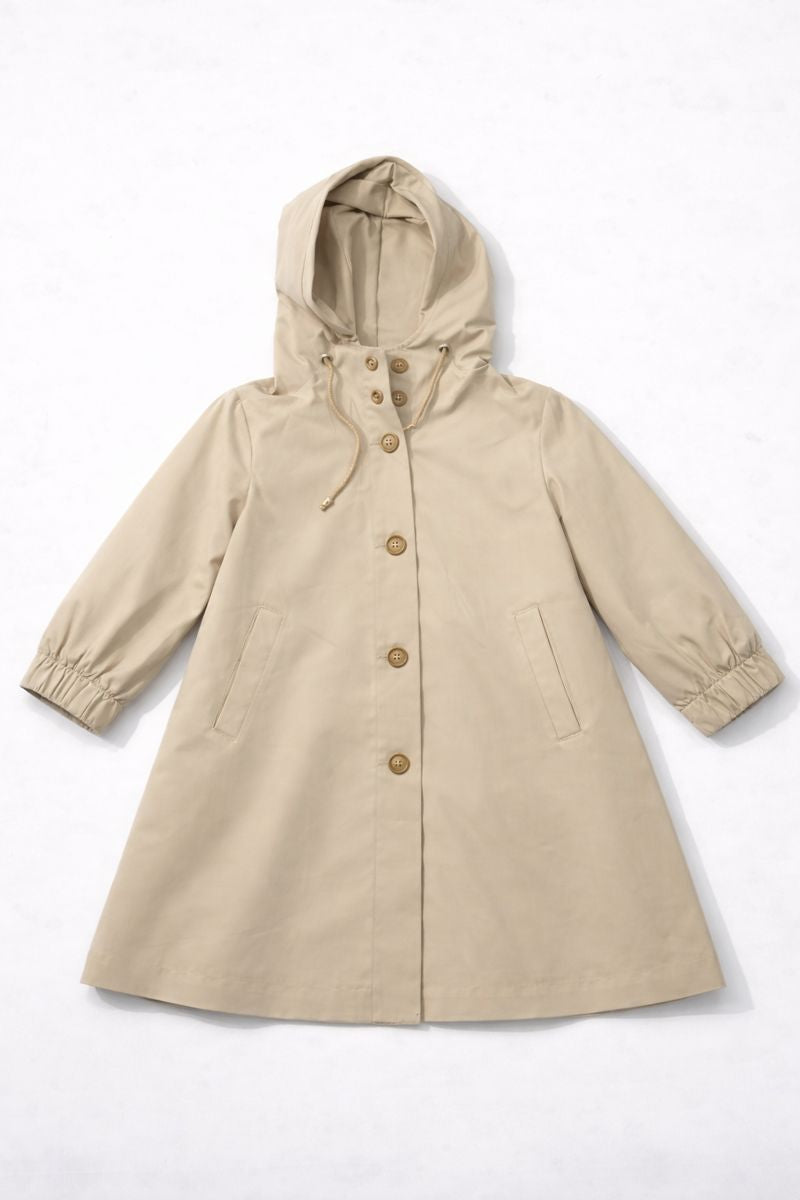 Preloved kids·hooded A-line coat in beige with button closure, side pockets, and elasticated cuffs