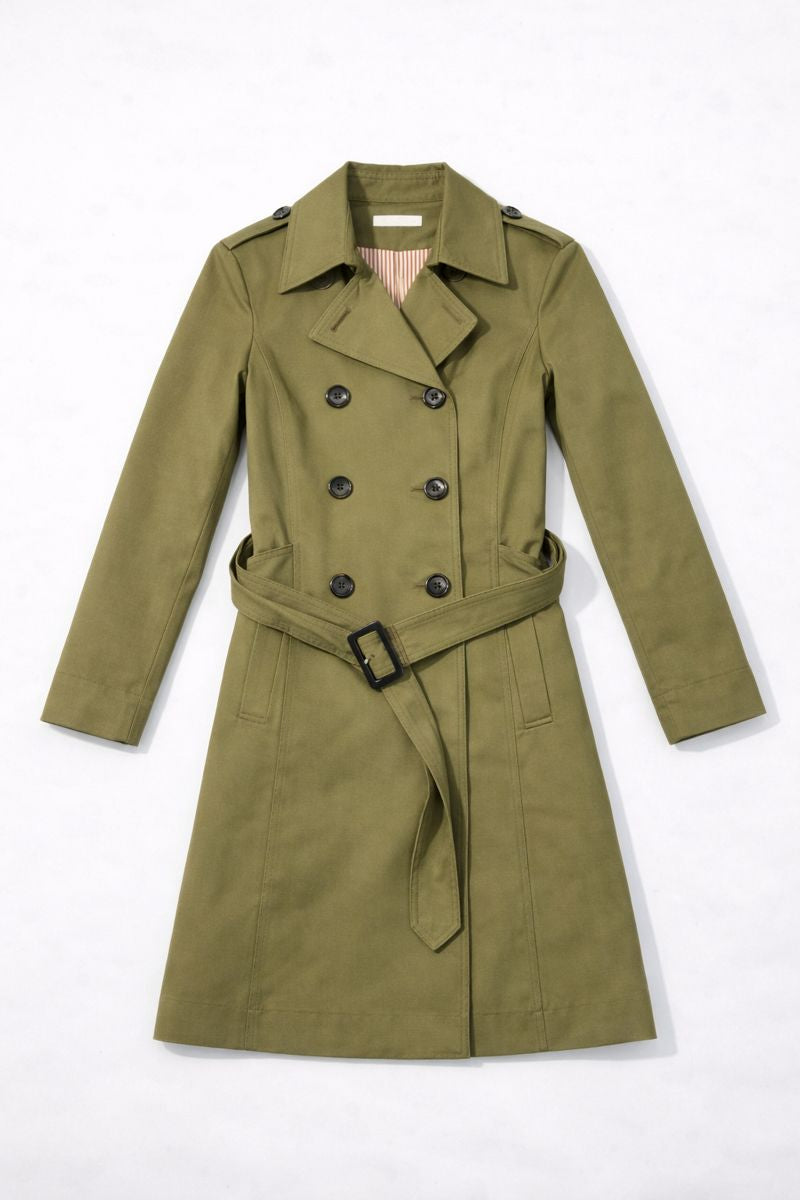 Olive green double-breasted trench coat with lapel collar and belted waist