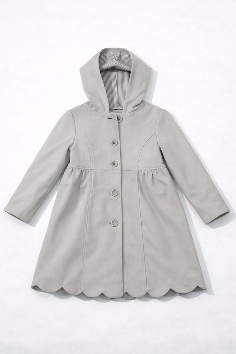 Women? grey fit-and-flare hooded coat with scalloped hem and front pockets