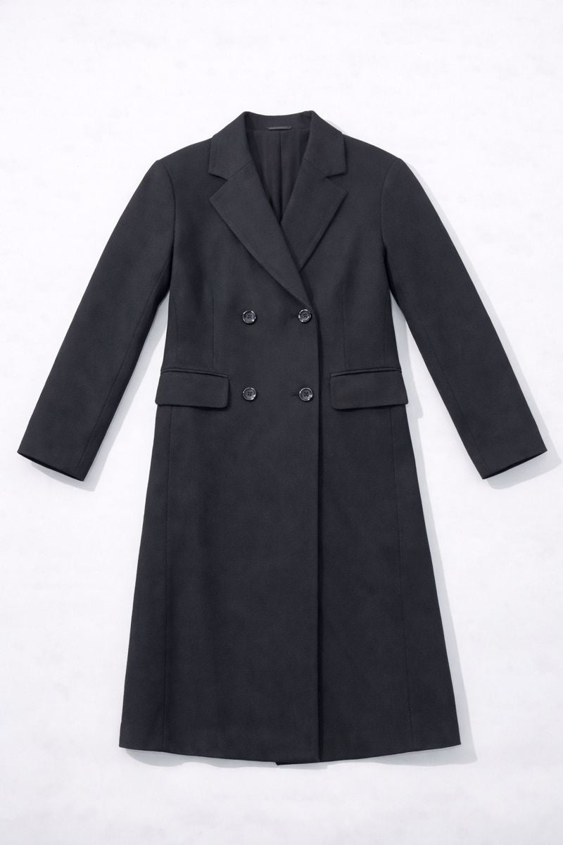 Gray double-breasted long coat with peak lapels and front flap pockets