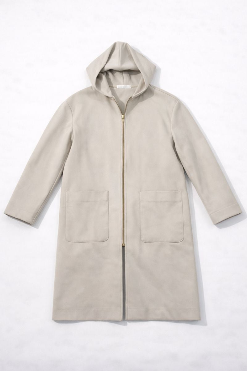 Hooded mid-length faux mouton coat with zip closure, turn-back sleeves, and front pockets