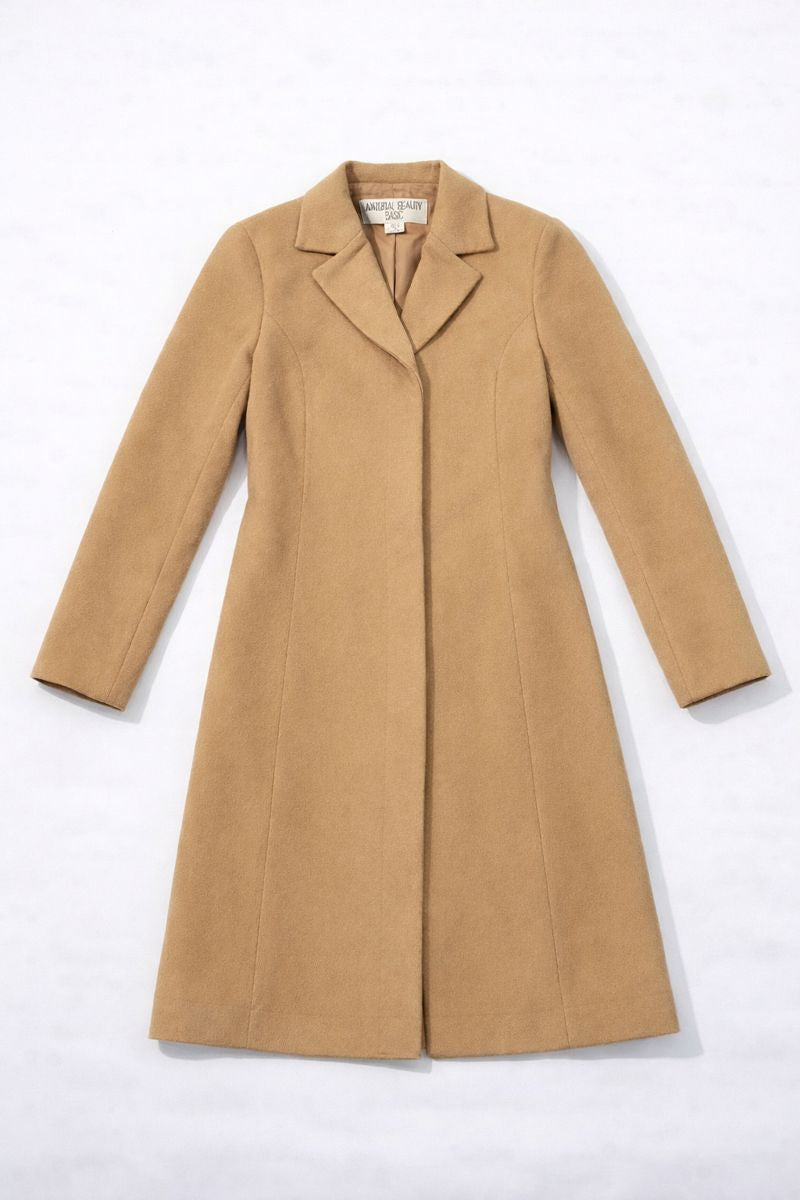 Camel double-breasted mid-length coat with peak lapels and concealed button closure