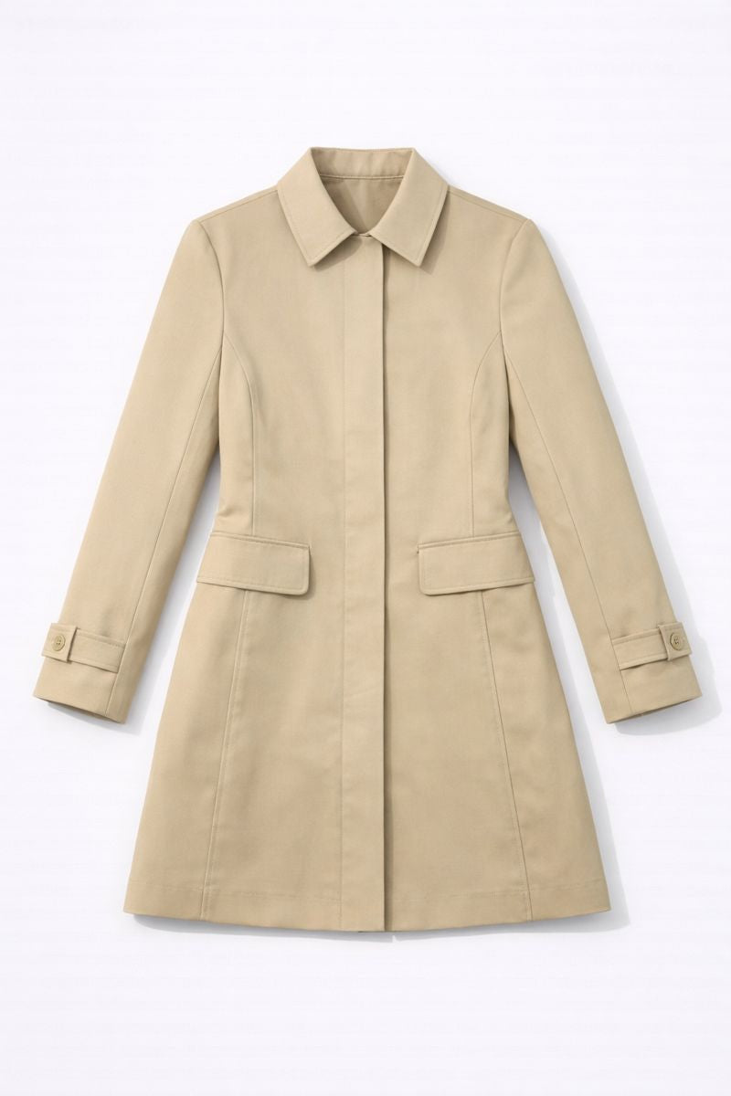 Light beige single-breasted mid-length coat with pointed collar and button-front closure
