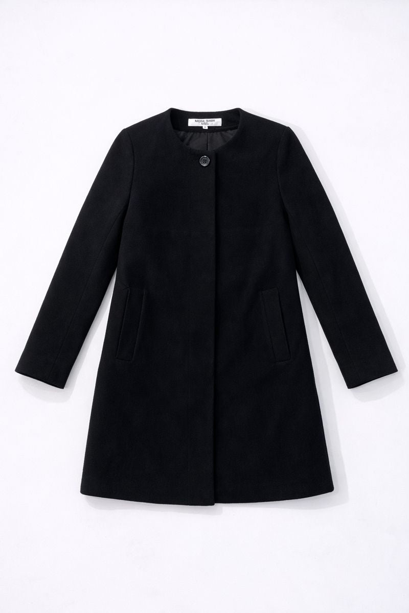 Collarless mid-length cashmere coat with single-button closure