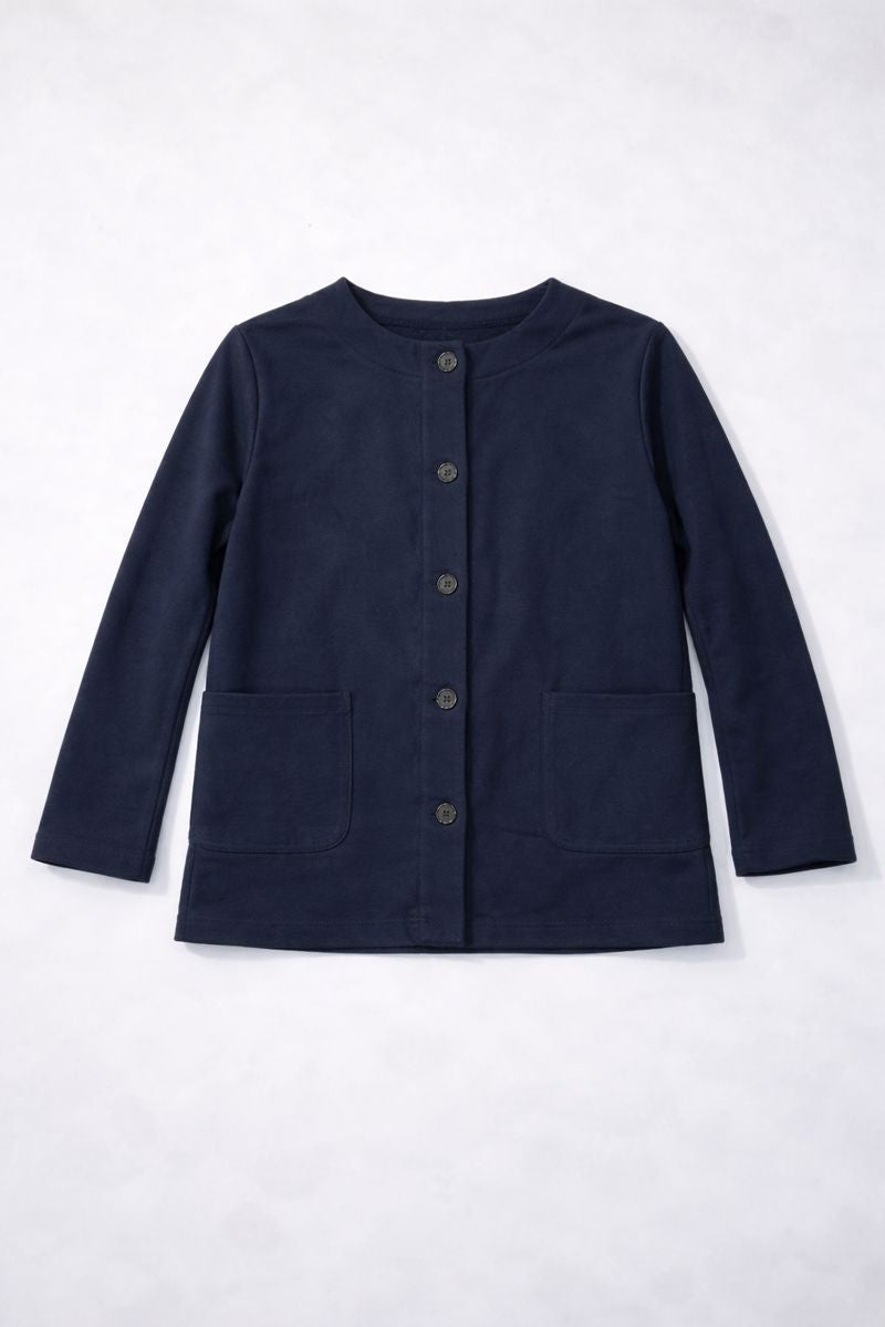 Blue long-sleeve knit cardigan with round neckline, front buttons, and patch pockets