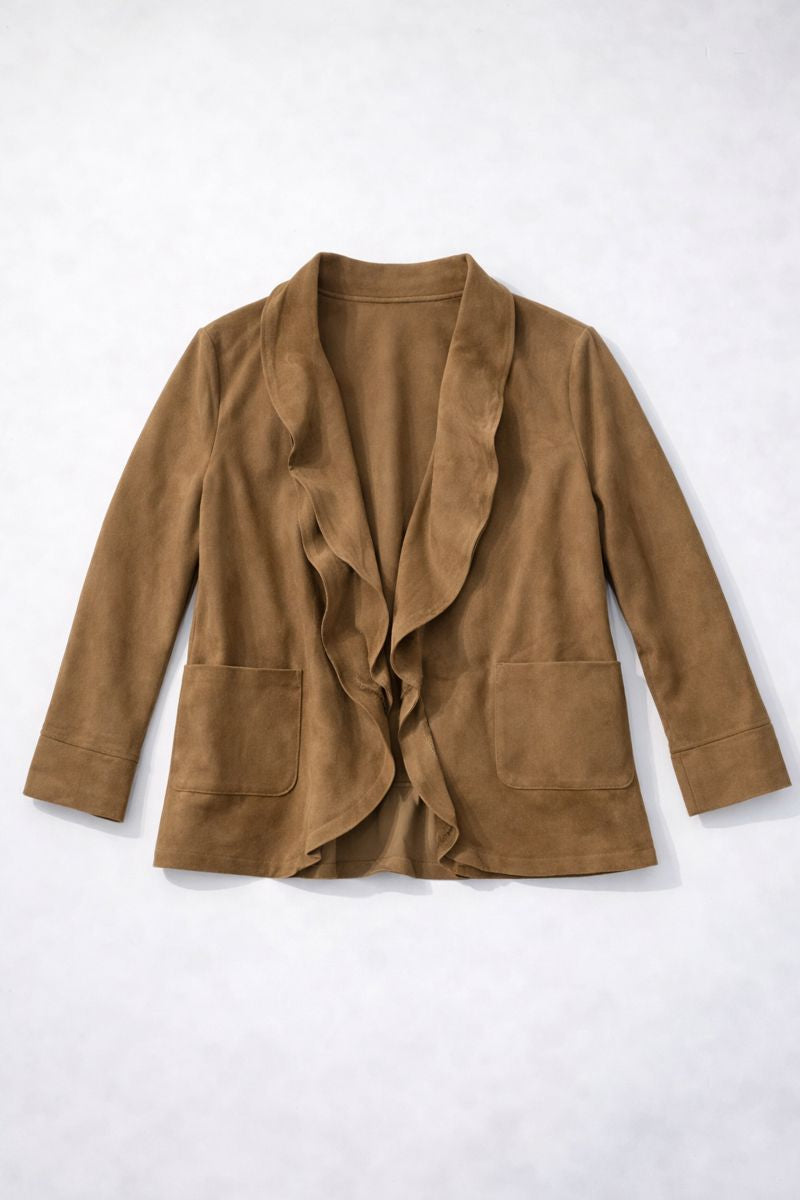 Tan suede open-front jacket with cascading ruffle edges and patch pockets